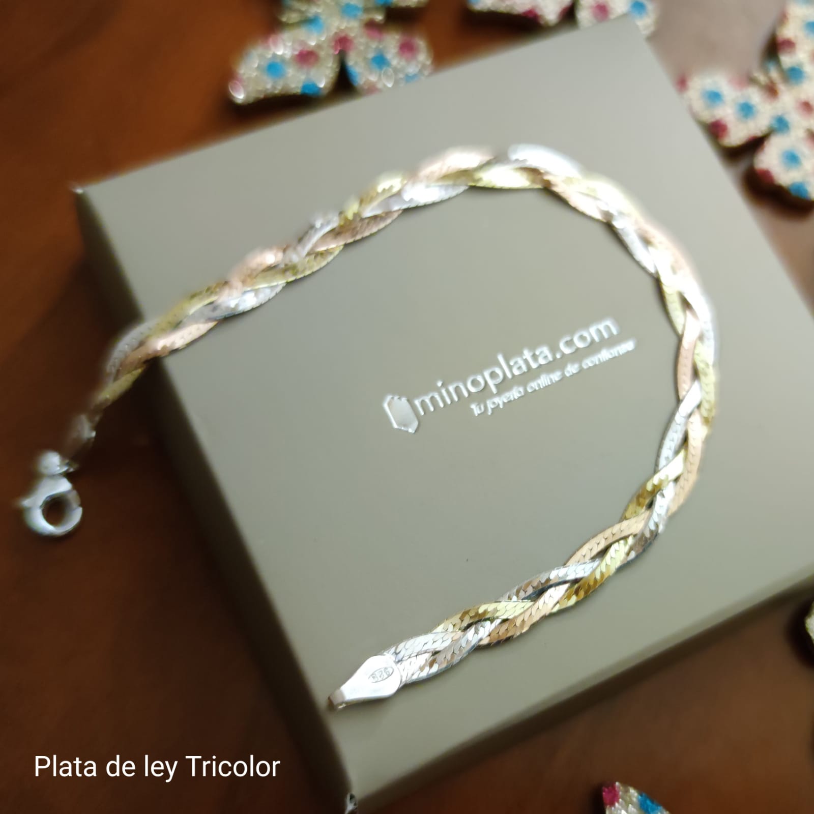 Pulsera trenza fina de Plata de ley tricolor_1