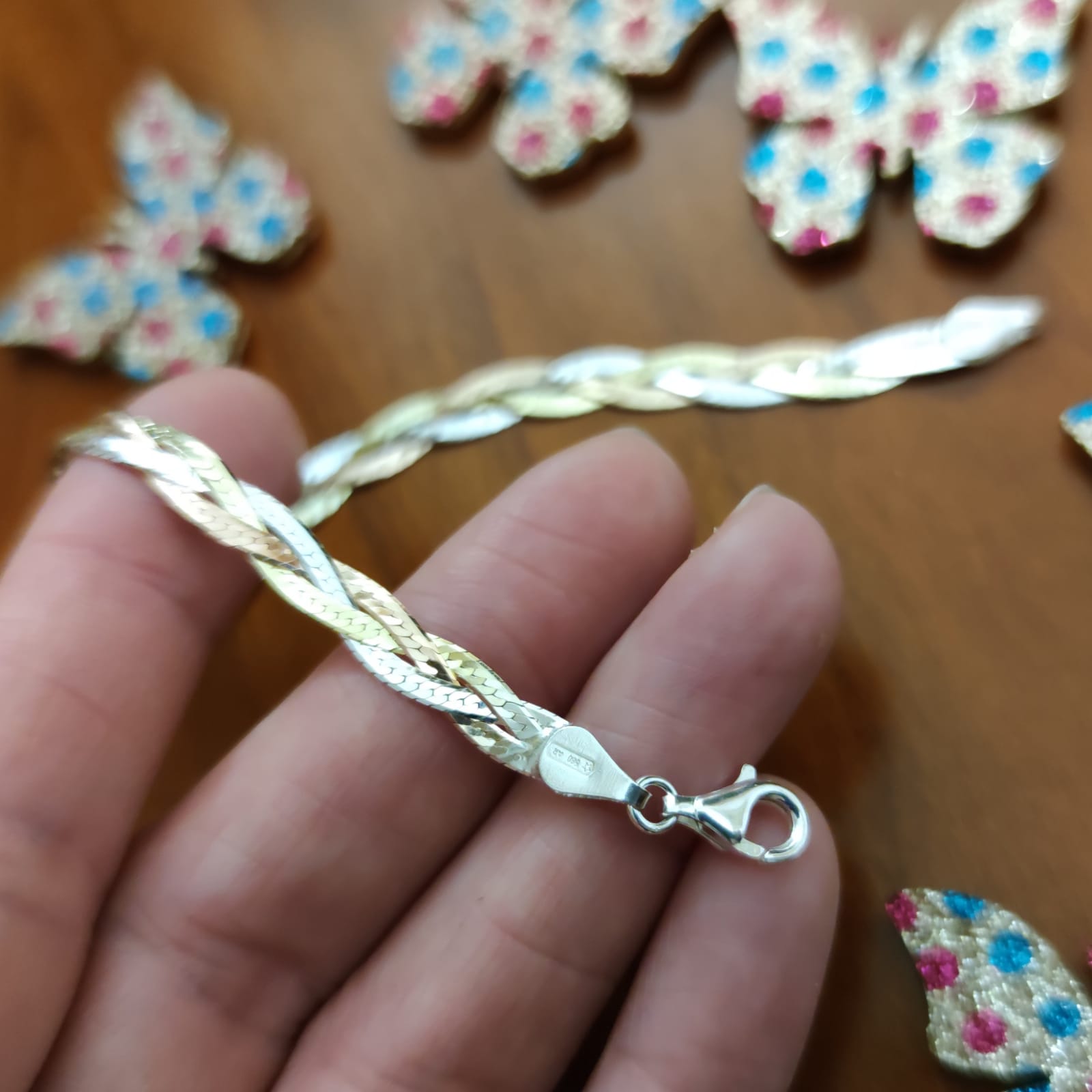 Pulsera trenza fina de Plata de ley tricolor 3