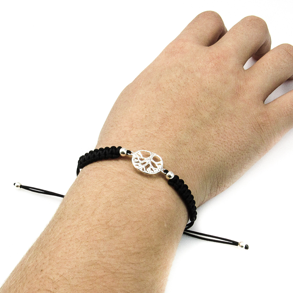Pulsera hilo trenzado negro con Árbol de la Vida de Plata de ley 1