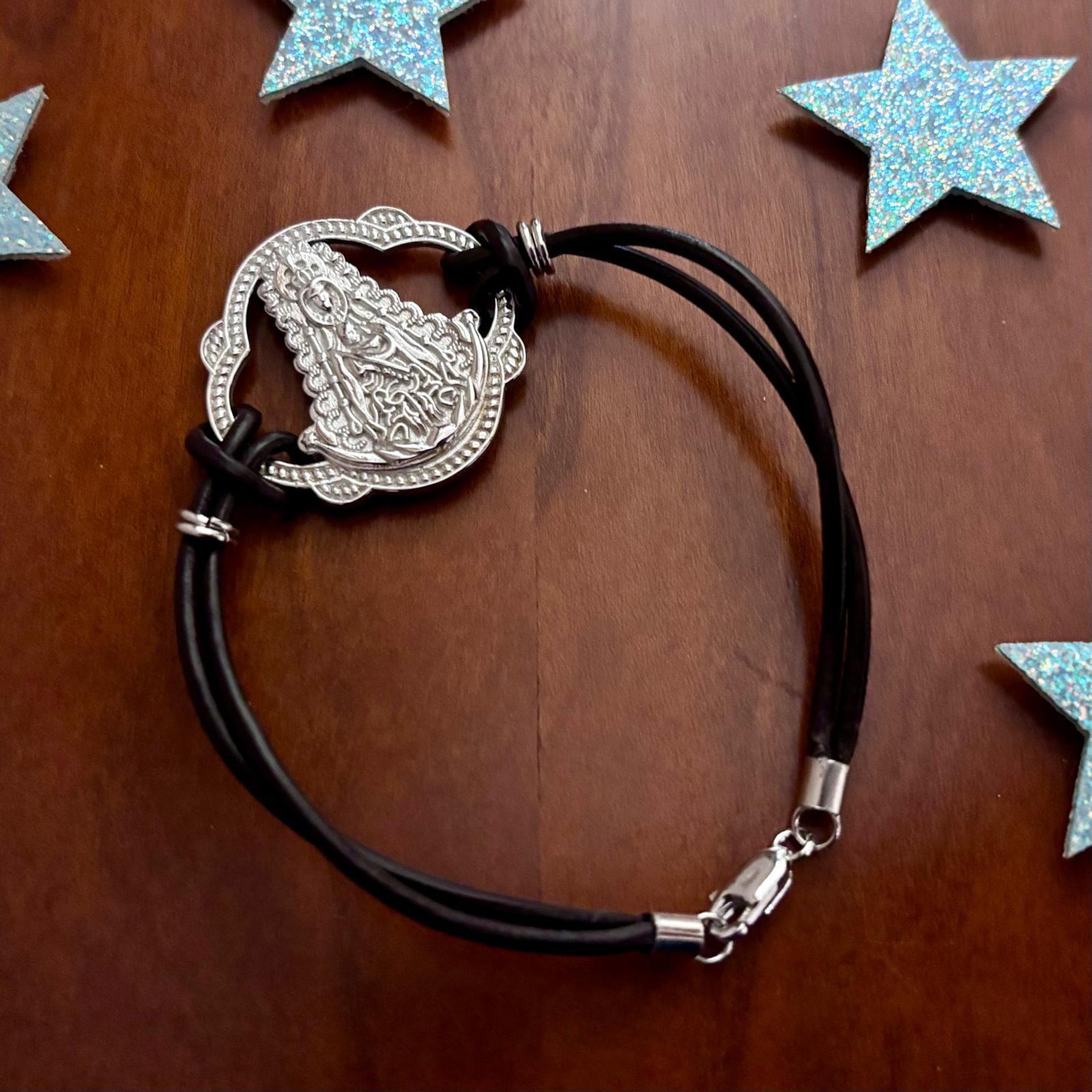 Pulsera Virgen del Rocío en Plata y Caucho marrón 3