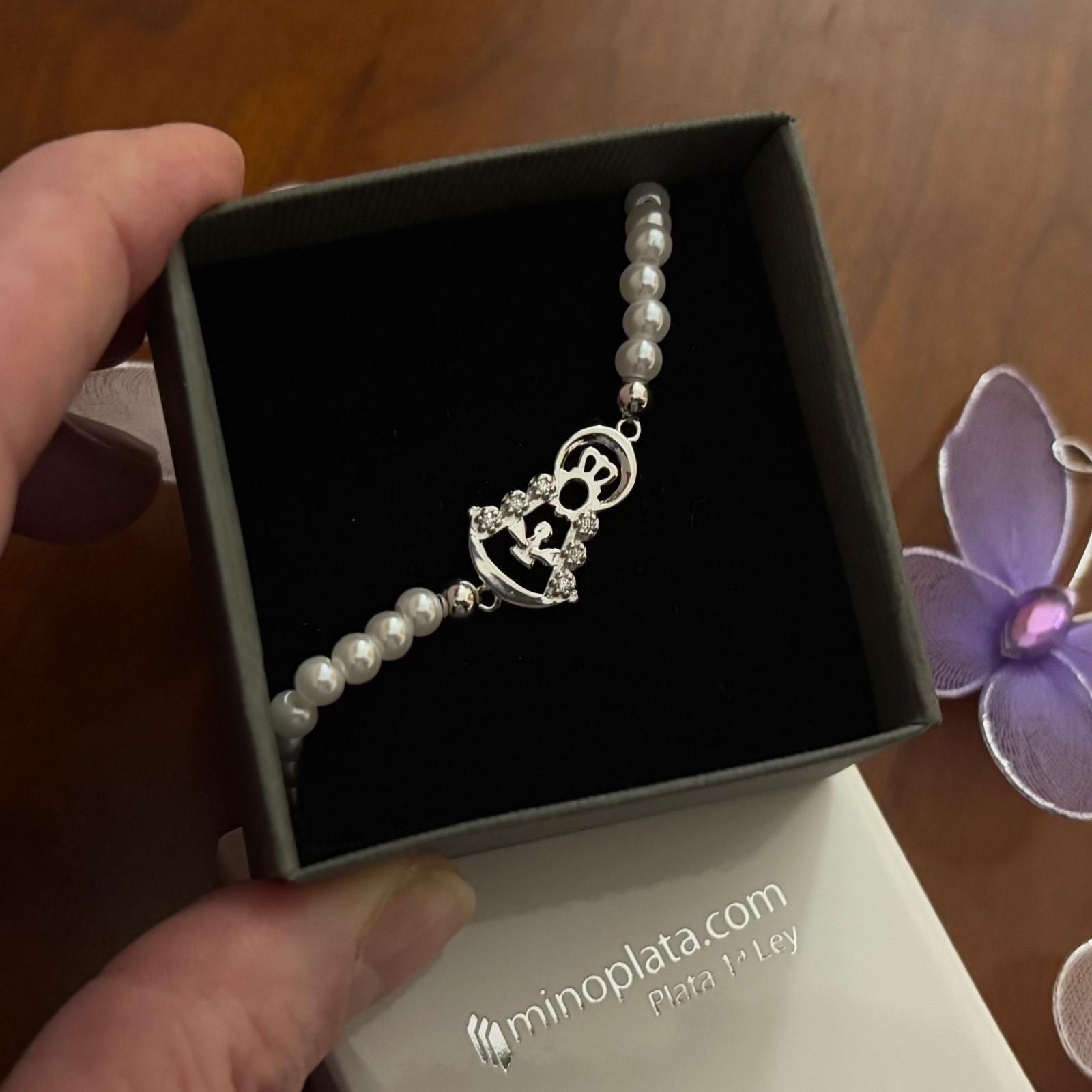 Pulsera Virgen del Rocío de Plata de ley rodiada con Perlas cultivadas 2