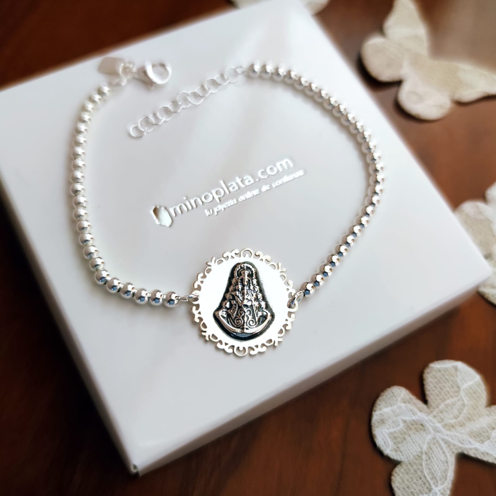 Pulsera Virgen del Rocío de Plata de ley bolas 3 Mm. 3