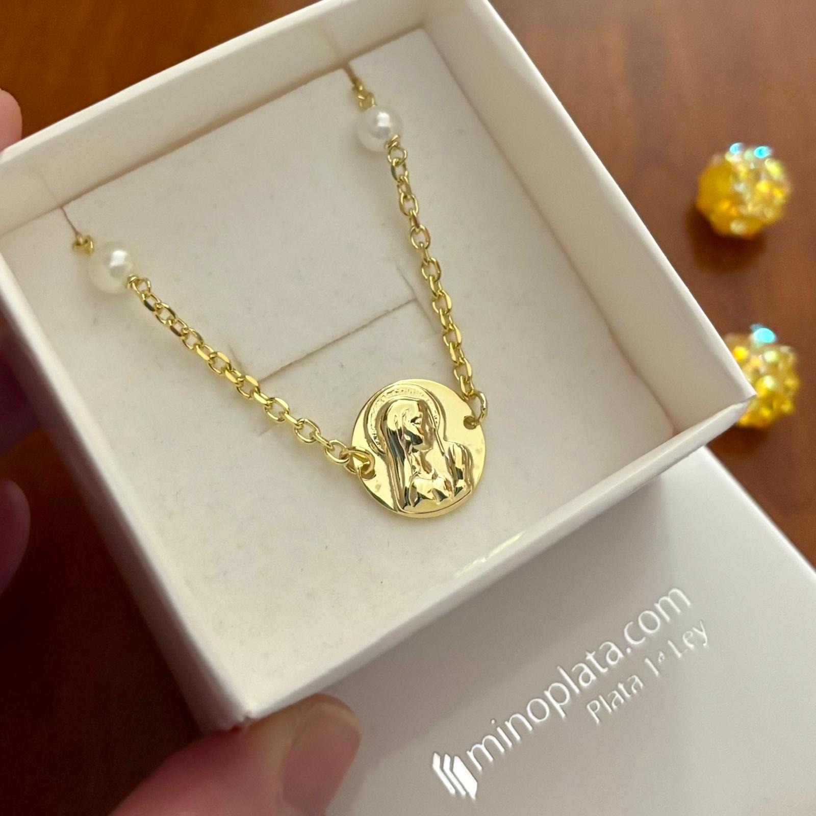 Pulsera Virgen Niña de Plata chapada en Oro con Perlas Primera Comunión 1