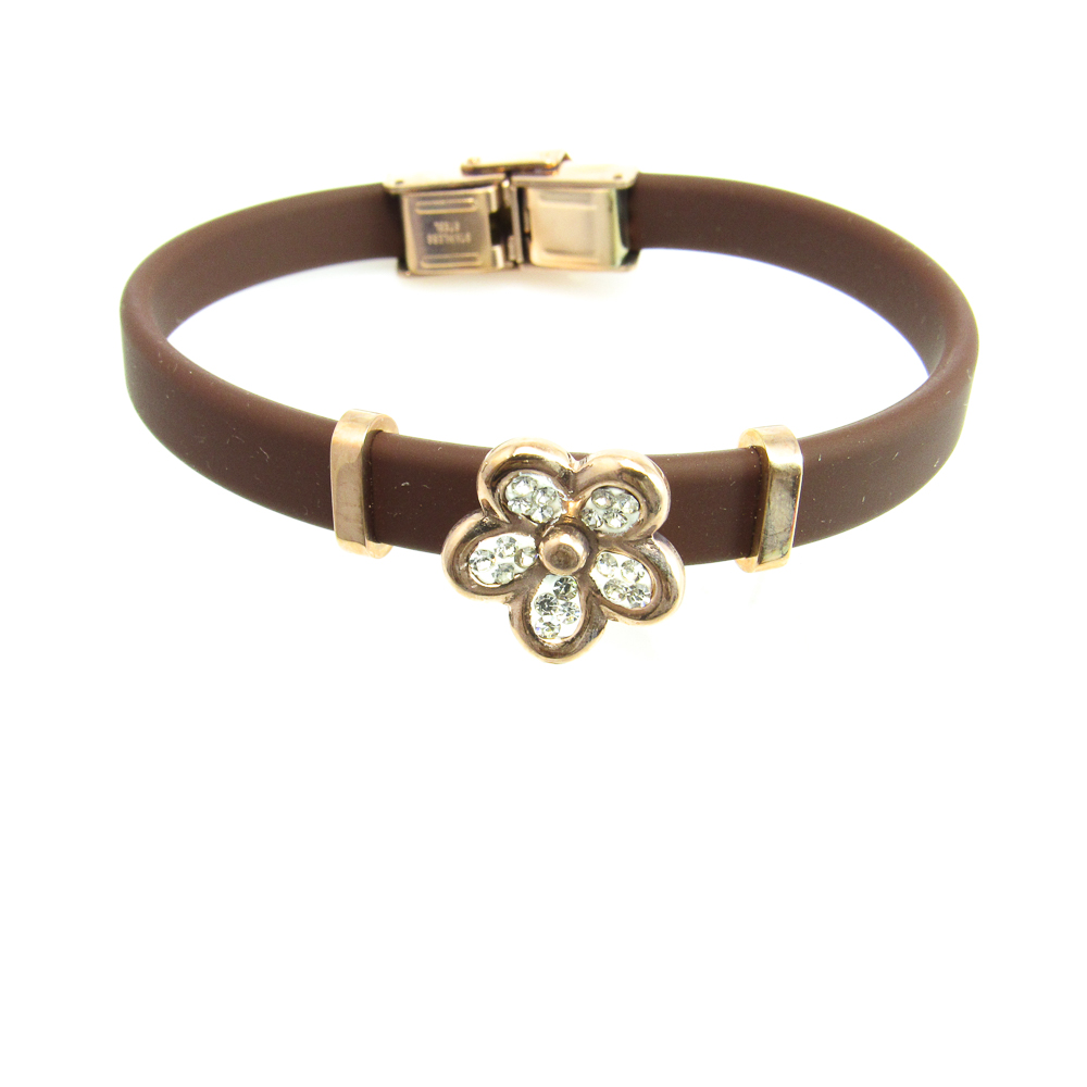 Pulsera flor de Acero cobre y Caucho marrón