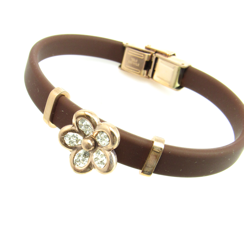 Pulsera flor de Acero cobre y Caucho marrón 1