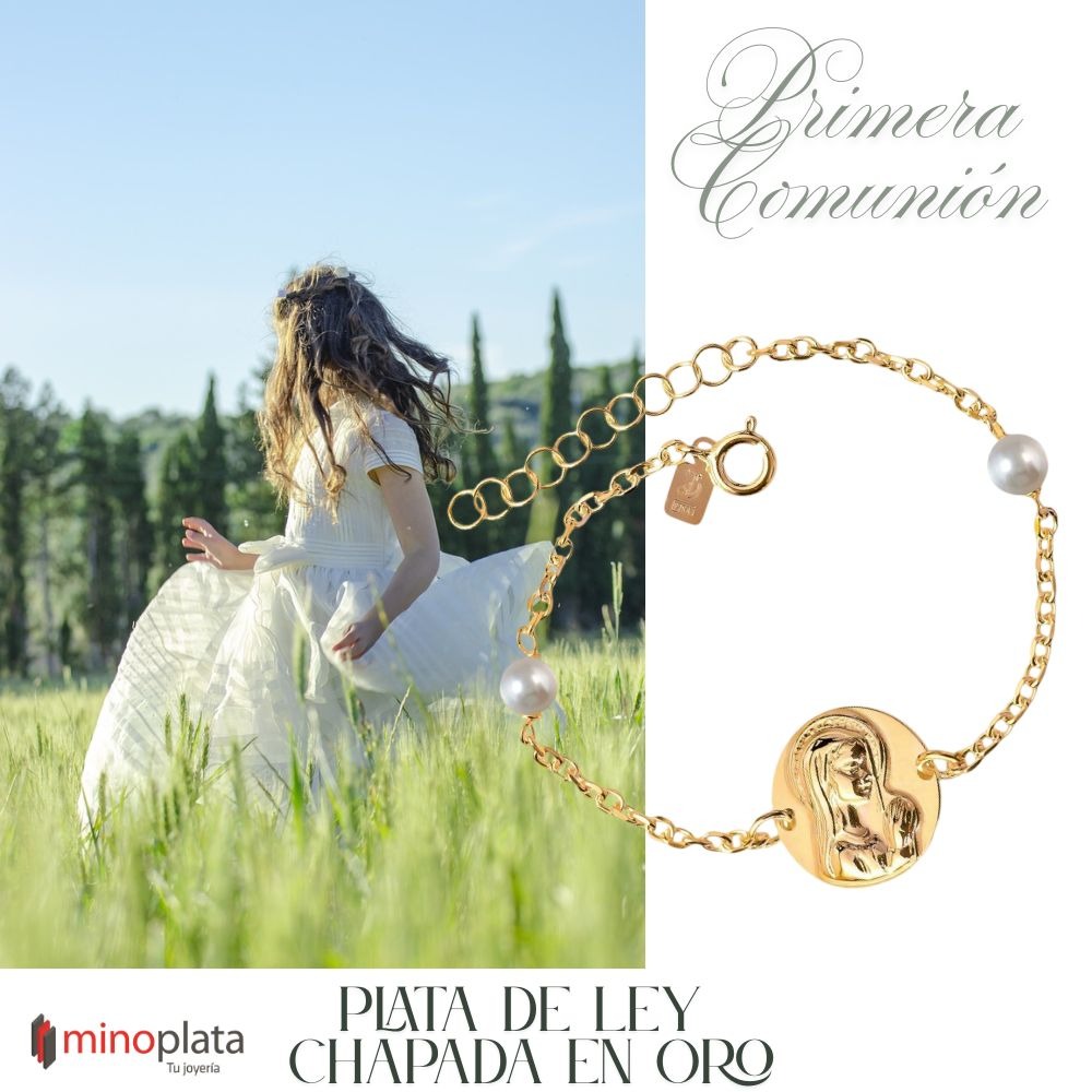 Pulsera Virgen Niña de Plata chapada en Oro con Perlas Primera Comunión 3