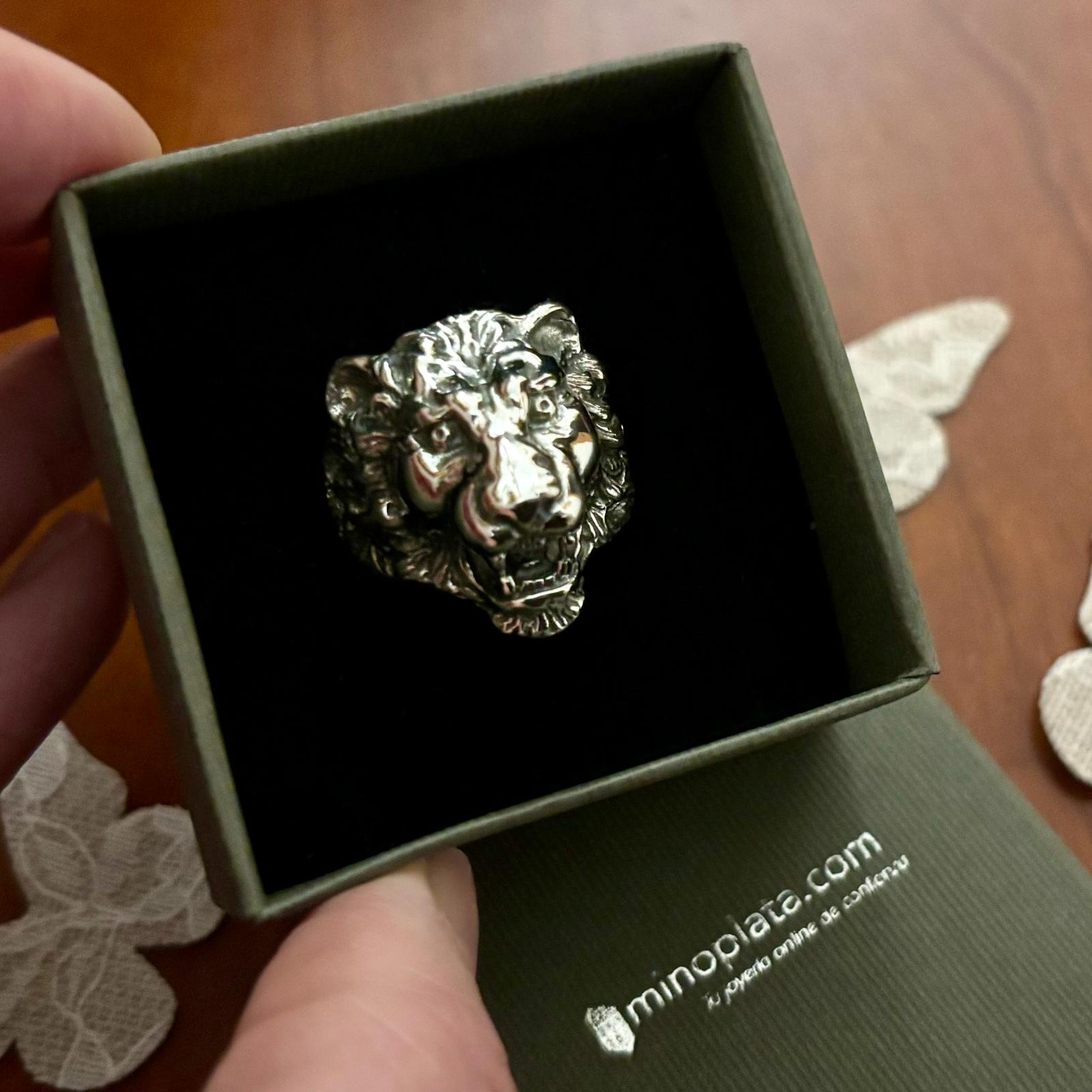 Anillo cabeza de león 3 cm de Plata envejecida para hombre 3