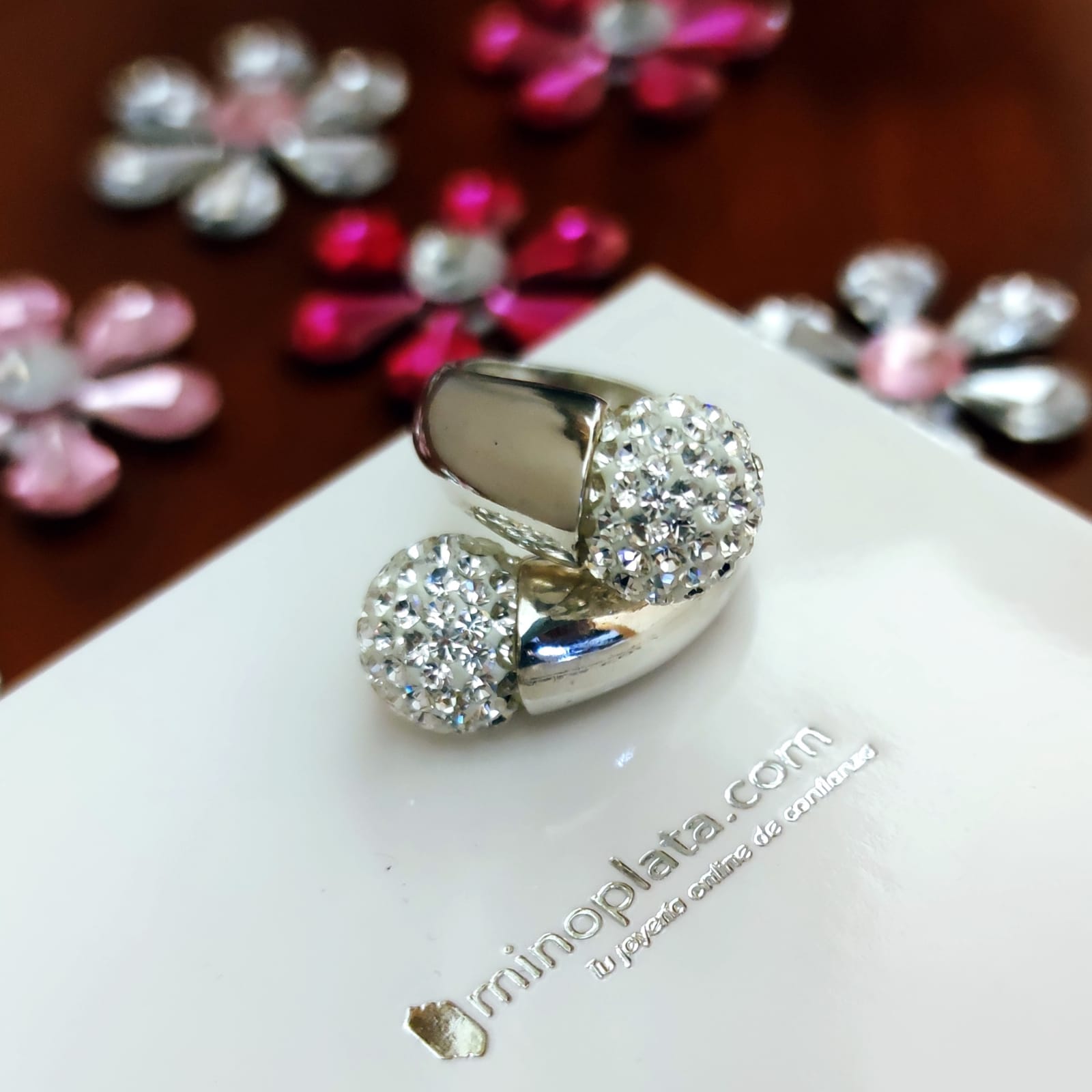 Anillo en Plata de Ley con bolas de cristal Blancas 1