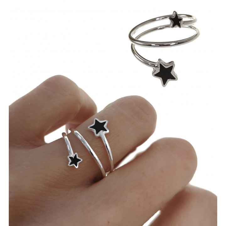 Anillo reliado de Plata de ley con estrellas esmalte negro 1