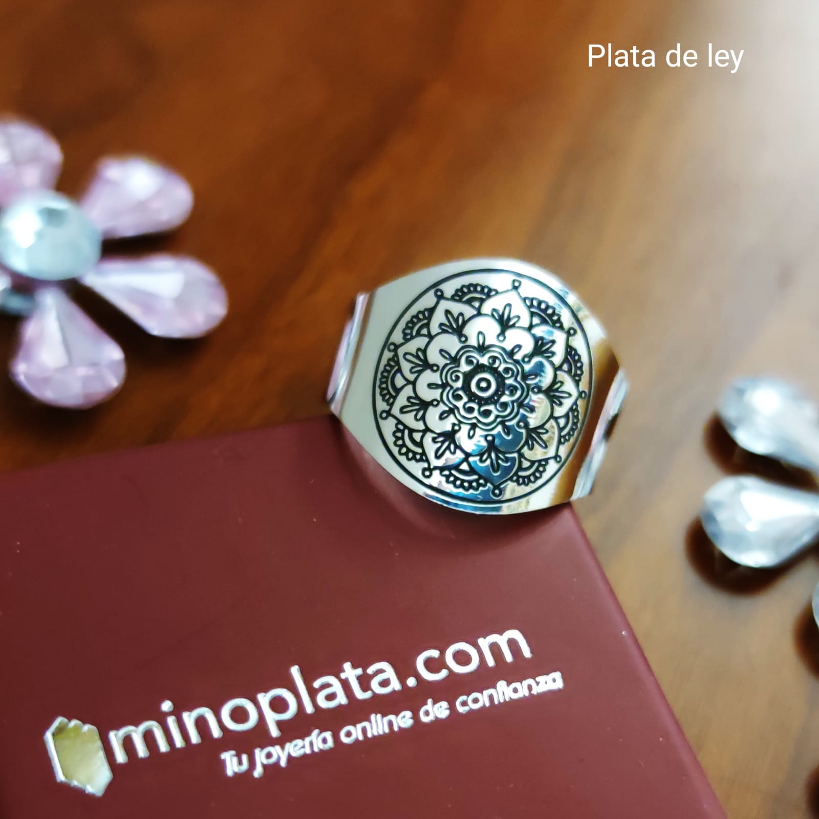 Anillo grabado láser flor de Plata de ley 2