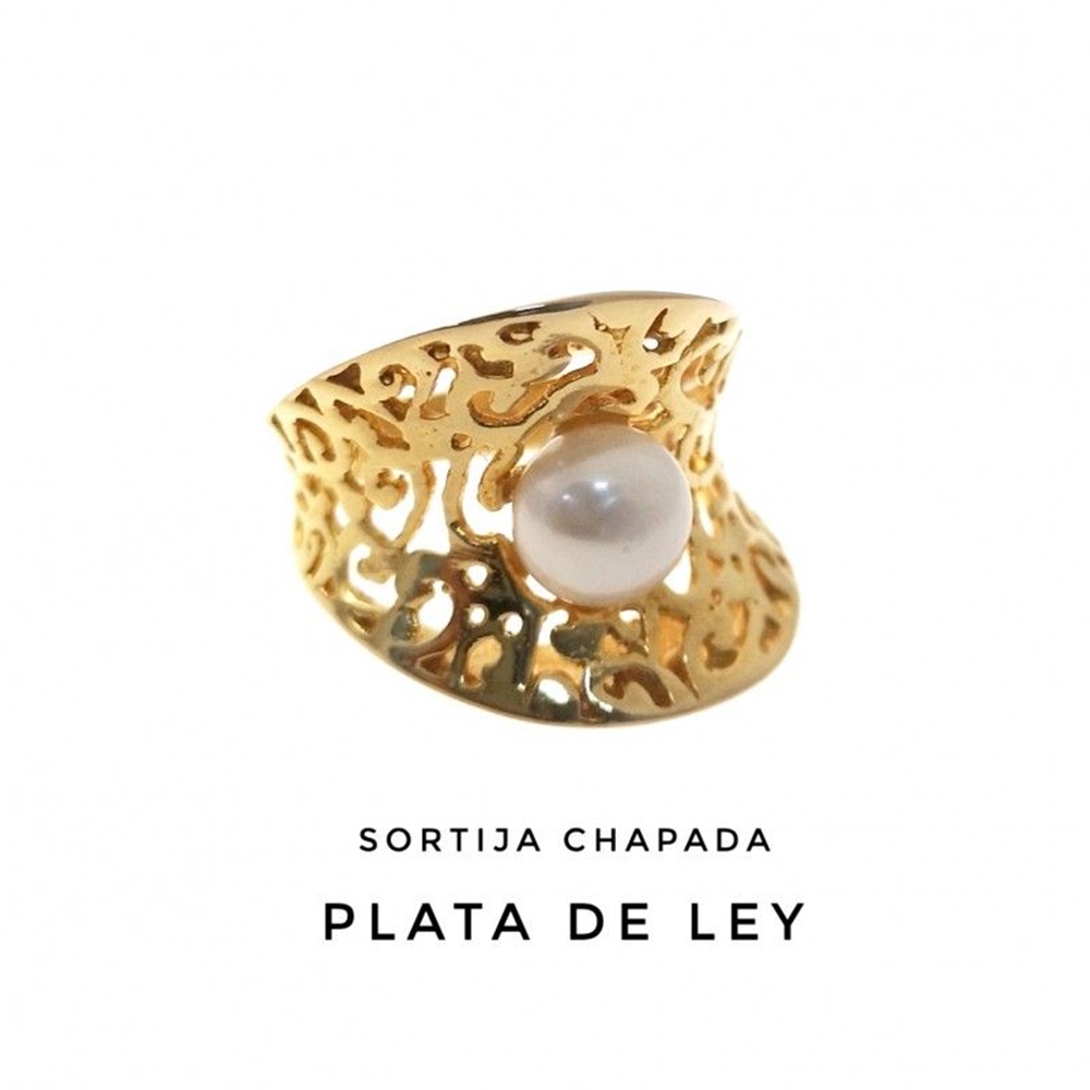 Anillo calado de Plata de ley chapada en Oro con Perla
