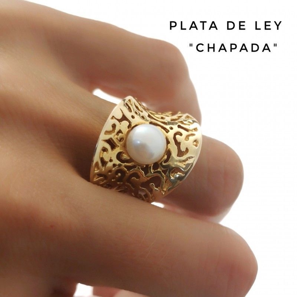 Anillo calado de Plata de ley chapada en Oro con Perla 1