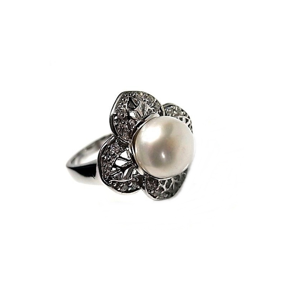 Anillo calado Plata rodiada con Perla cultivada y Circonitas