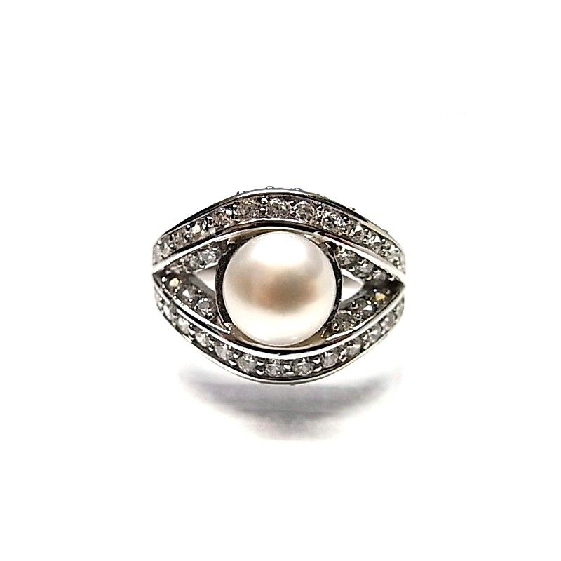 Anillo de Plata de ley rodiada con Perla cultivada y Circonitas