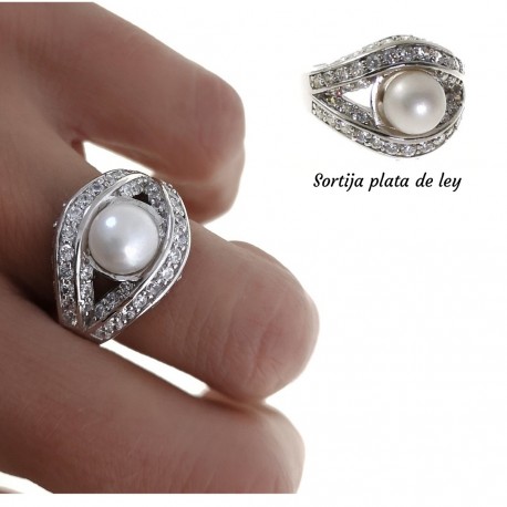 Anillo de Plata de ley rodiada con Perla cultivada y Circonitas 4