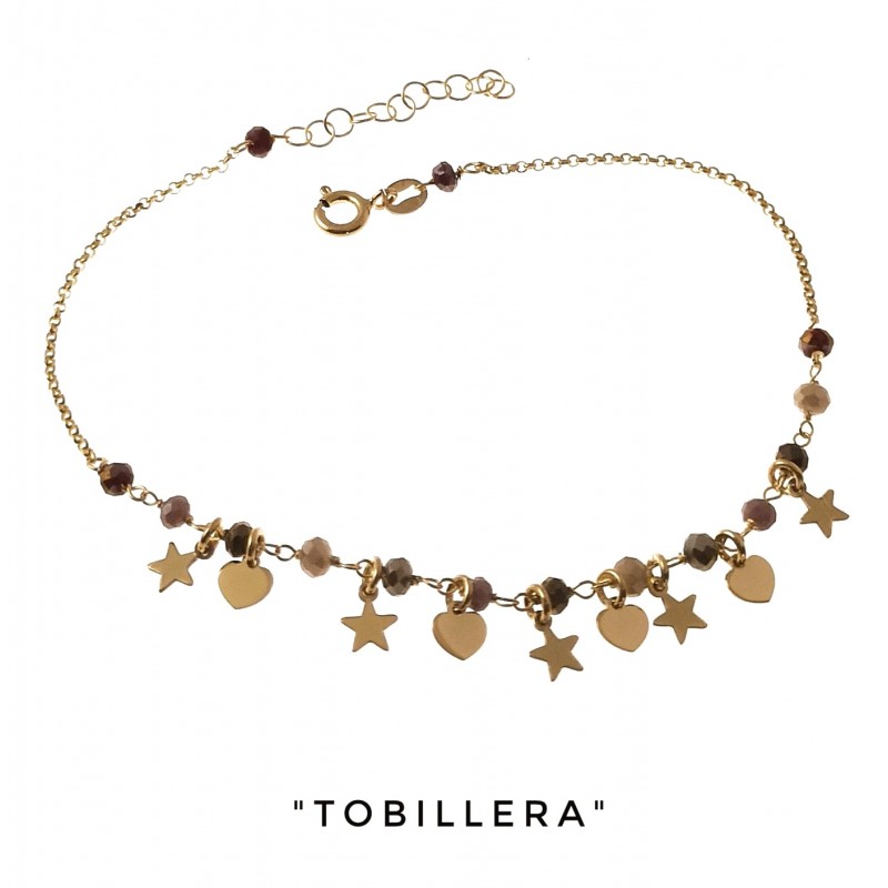 Pulsera tobillera de Plata chapada dorada estrellas y corazones