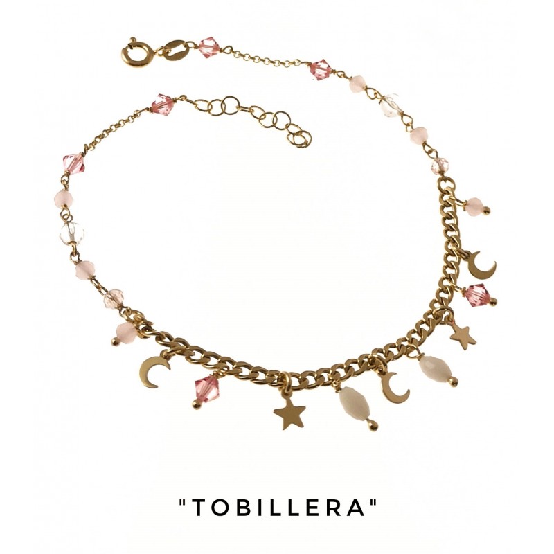 Pulsera tobillera Plata dorada estrellas, lunas y piedras rosa