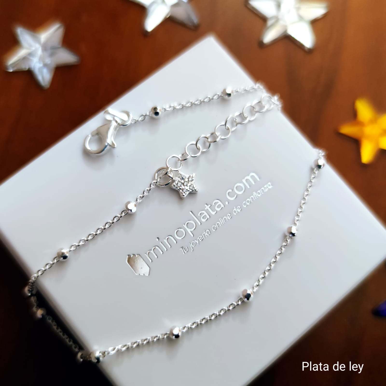 Pulsera tobillera con bolitas y estrella colgante de Plata de ley
