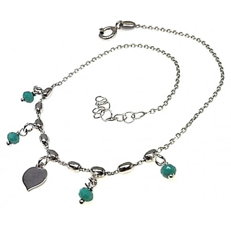 Tobillera Plata corazón y piedras colgantes