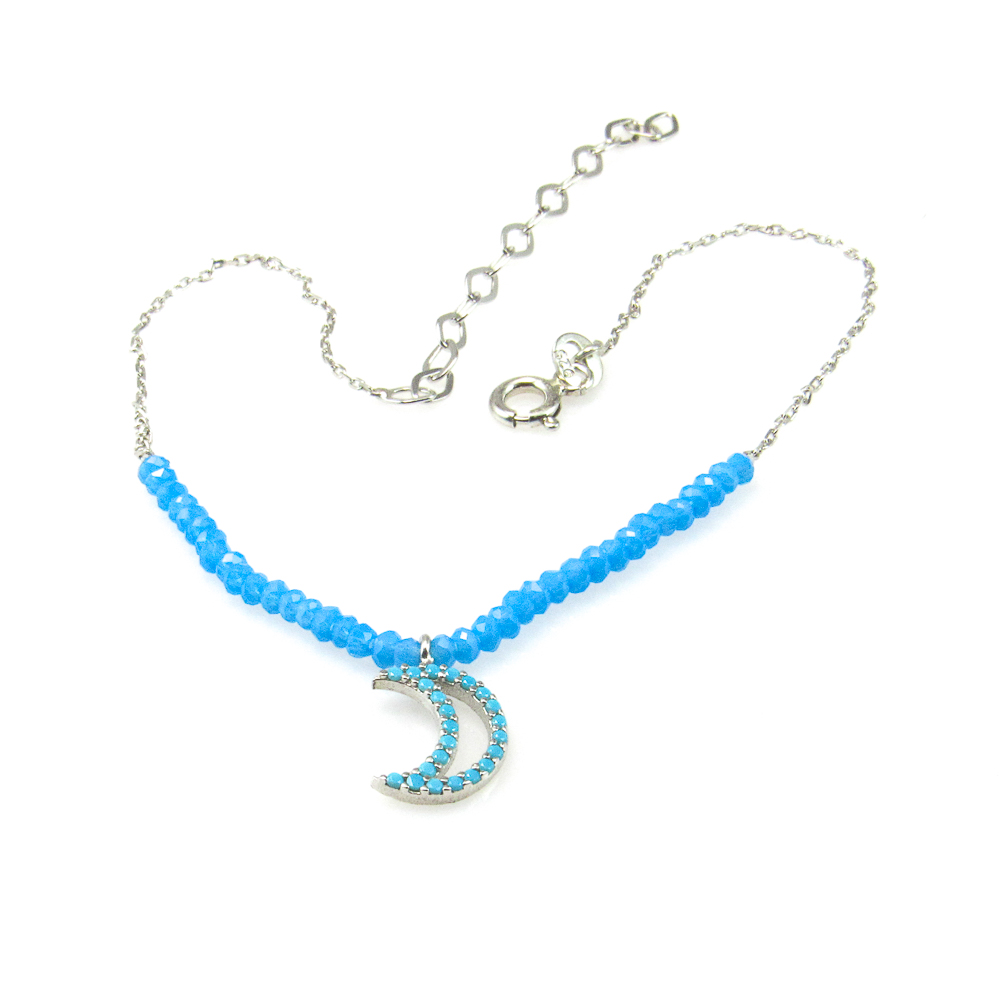 Pulsera de tobillo en Plata rodiada luna con piedras azul claro