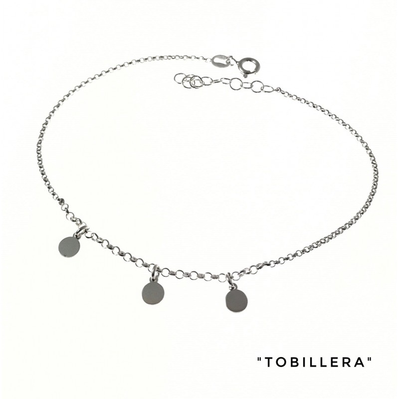 Tobillera Plata de ley cadena rolo y discos colgantes