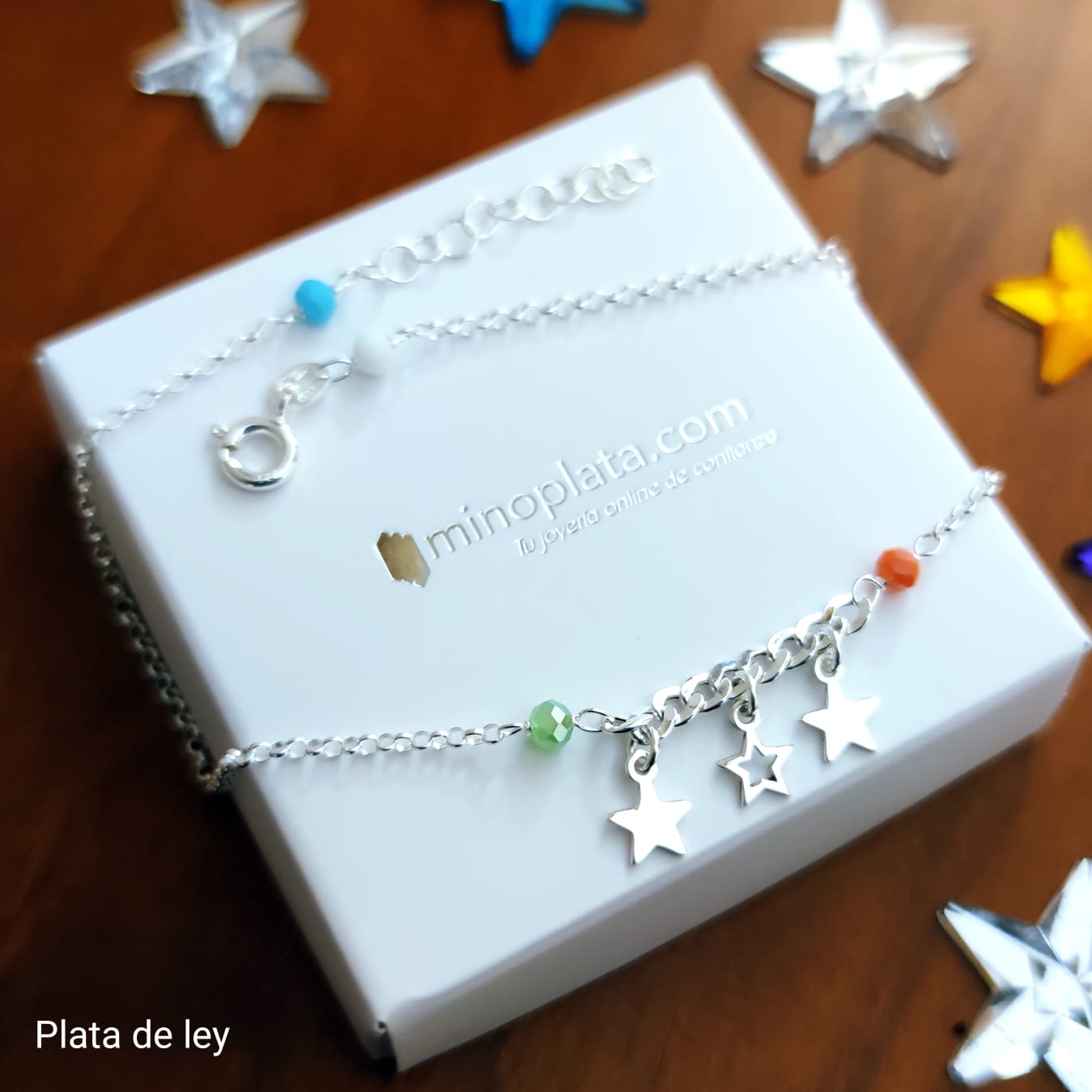 Tobillera estrellas y piedras colores de Plata de ley