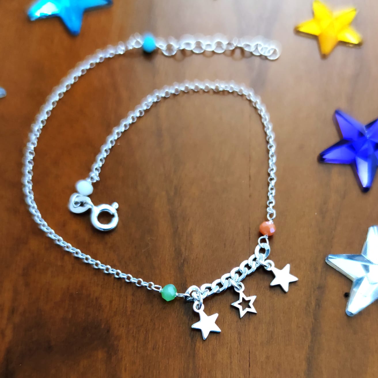 Tobillera estrellas y piedras colores de Plata de ley 2