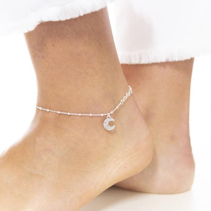 Pulsera tobillera bolitas y luna colgante de Plata de ley