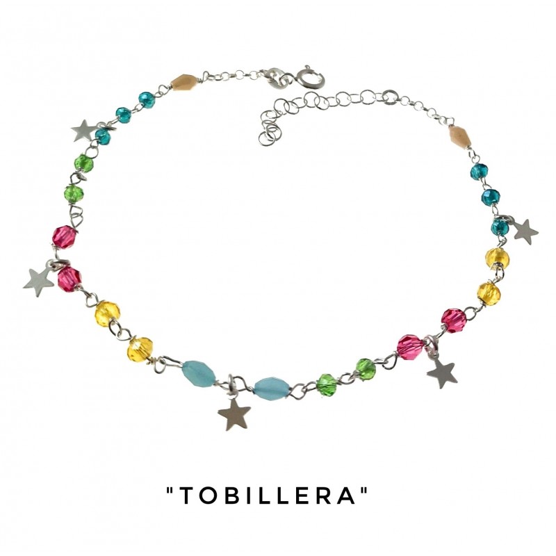 Pulsera tobillera de Plata con piedras de colores y estrellas