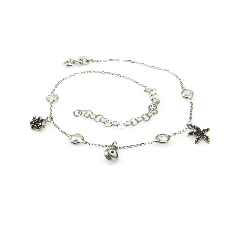 Pulsera tobillera Plata rodiada con estrella y corona circonitas