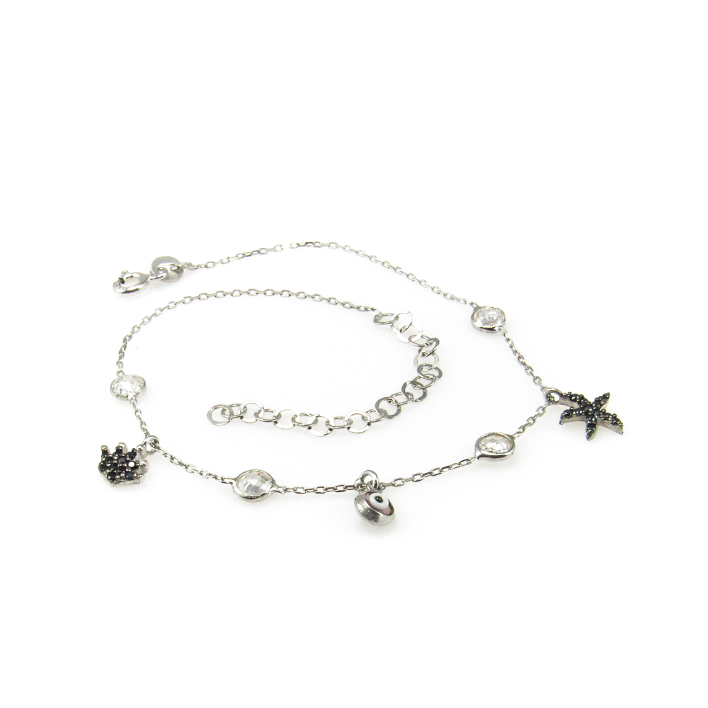 Pulsera tobillera Plata rodiada con estrella y corona circonitas 1