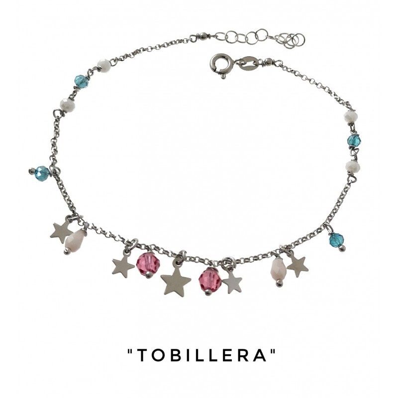 Tobillera de Plata de ley rodiada con estrellas y piedras colore