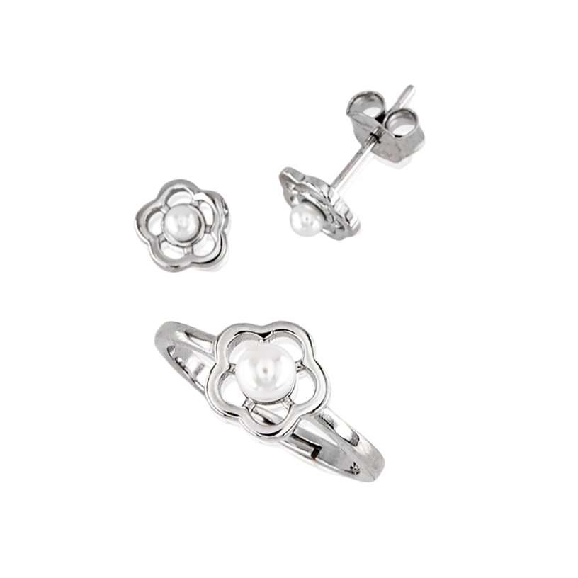Juego Pendientes y Anillo ajustable Comunión flor de Plata rodiada con Perlas cultivadas