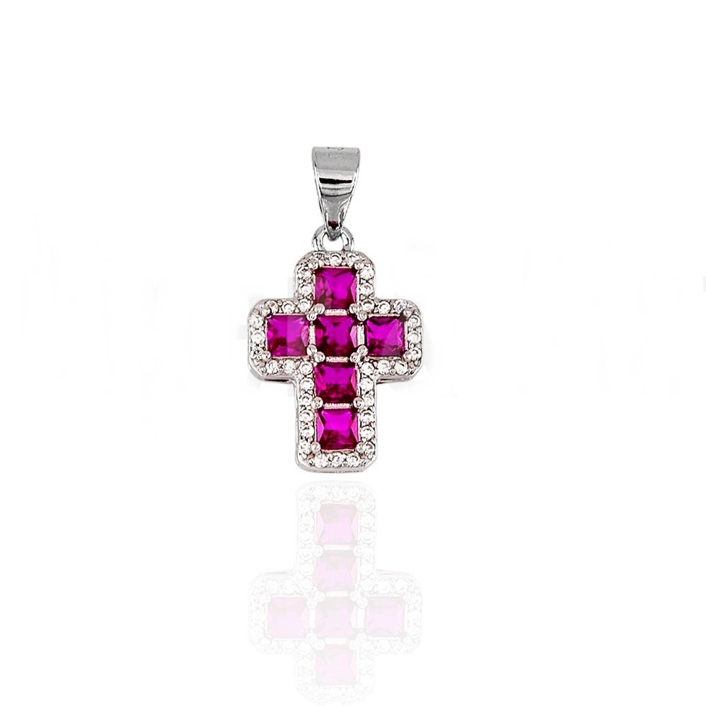 Crucifijo de Plata de ley rodiada con Circontias rubí y blancas 15x12mm