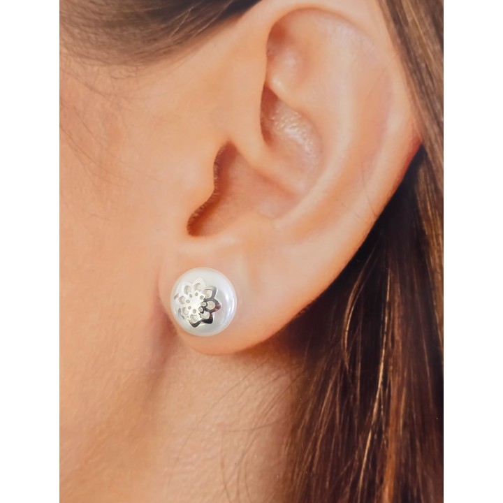 Pendientes Perla Plana 12mm flor de Plata de ley 925 1