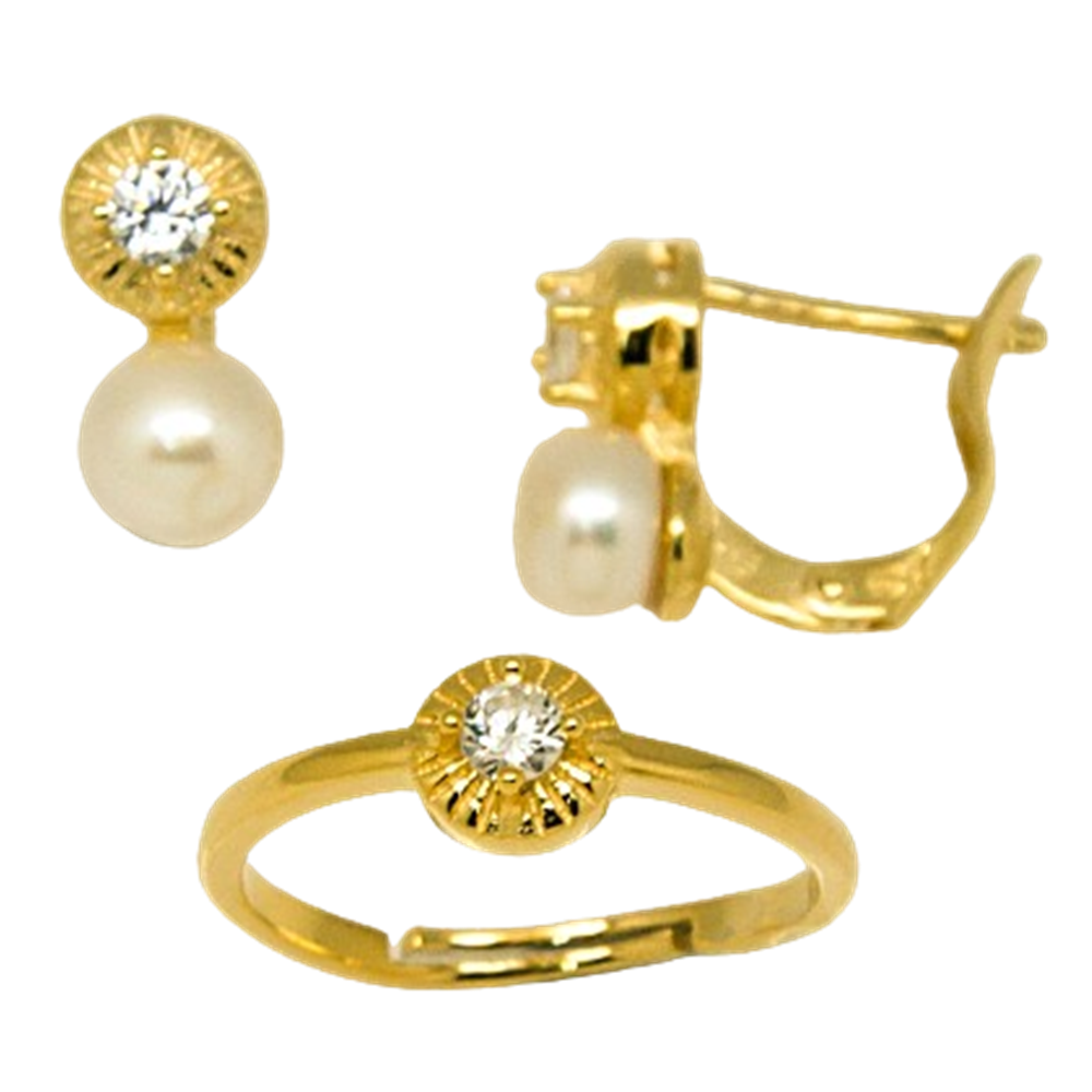 Conjunto de Pendientes y Anillo ajustable de Plata chapada en Oro con Perlas cultivadas y Circonitas 3