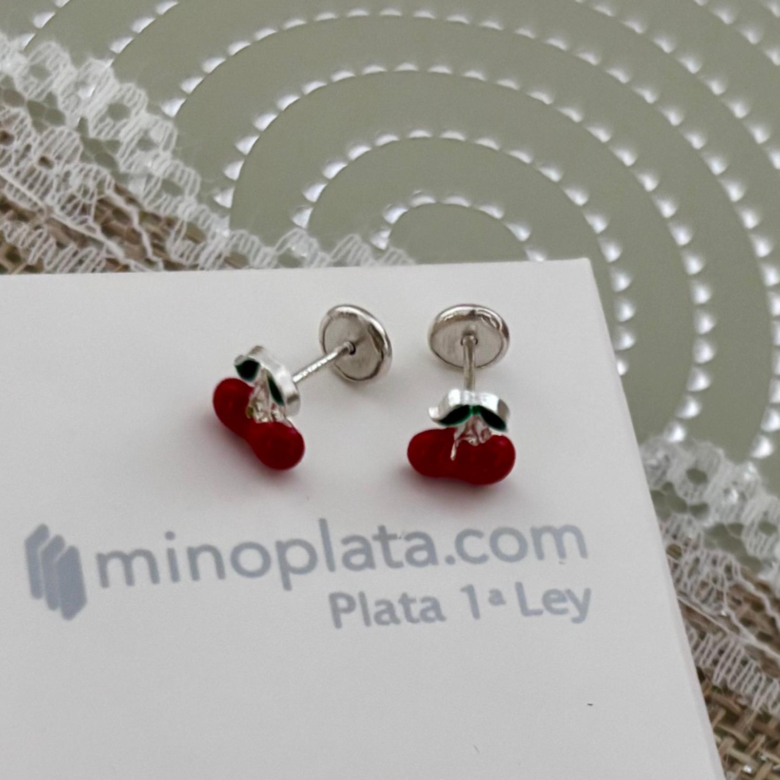 Pendientes cerezas de Plata de ley con cierre rosca seguridad bebé 3