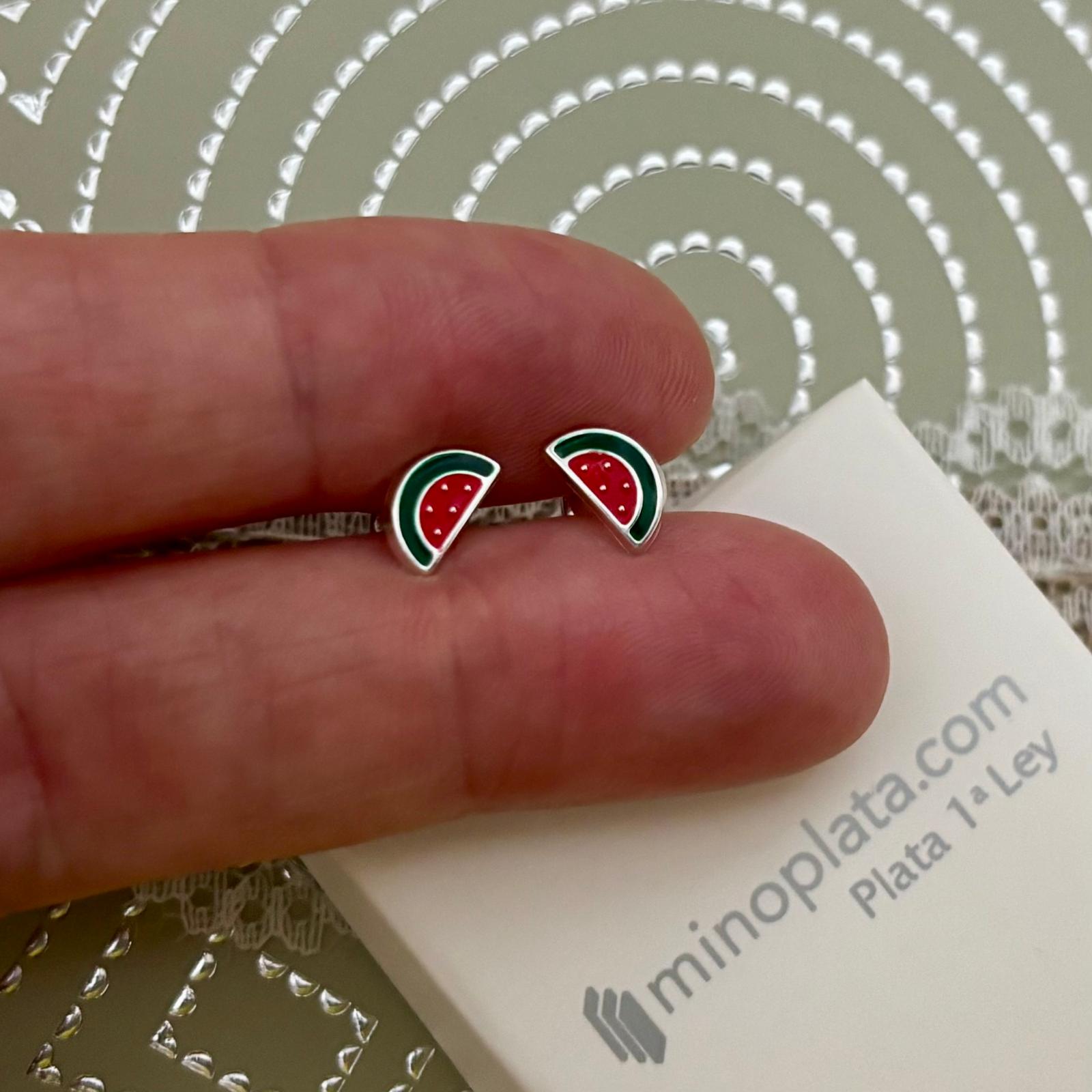 Pendientes infantiles sandia de Plata con cierre rosca seguridad 4