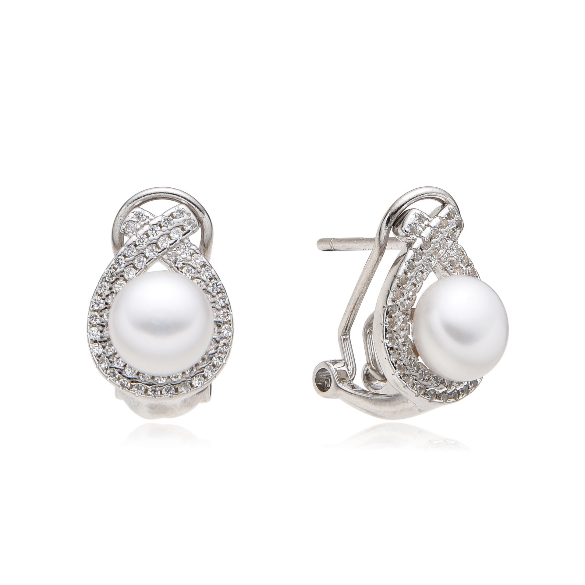 Pendientes novia en Plata rodiada con Circonitas micro y Perlas cultivadas cierre omega