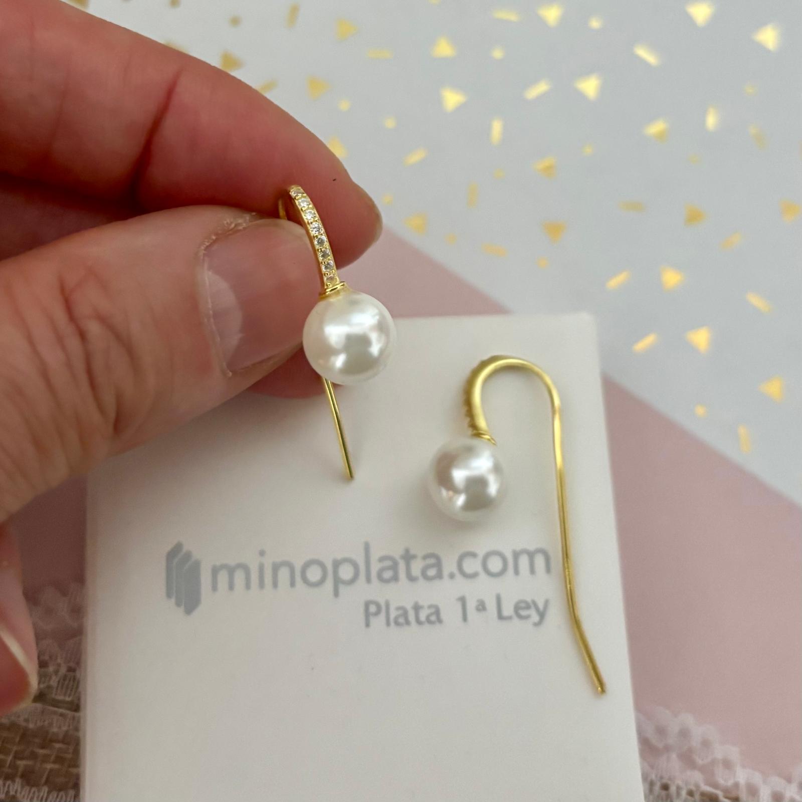 Pendientes de Plata chapada en Oro con Perla cultivada y Circonitas gancho hippie 2