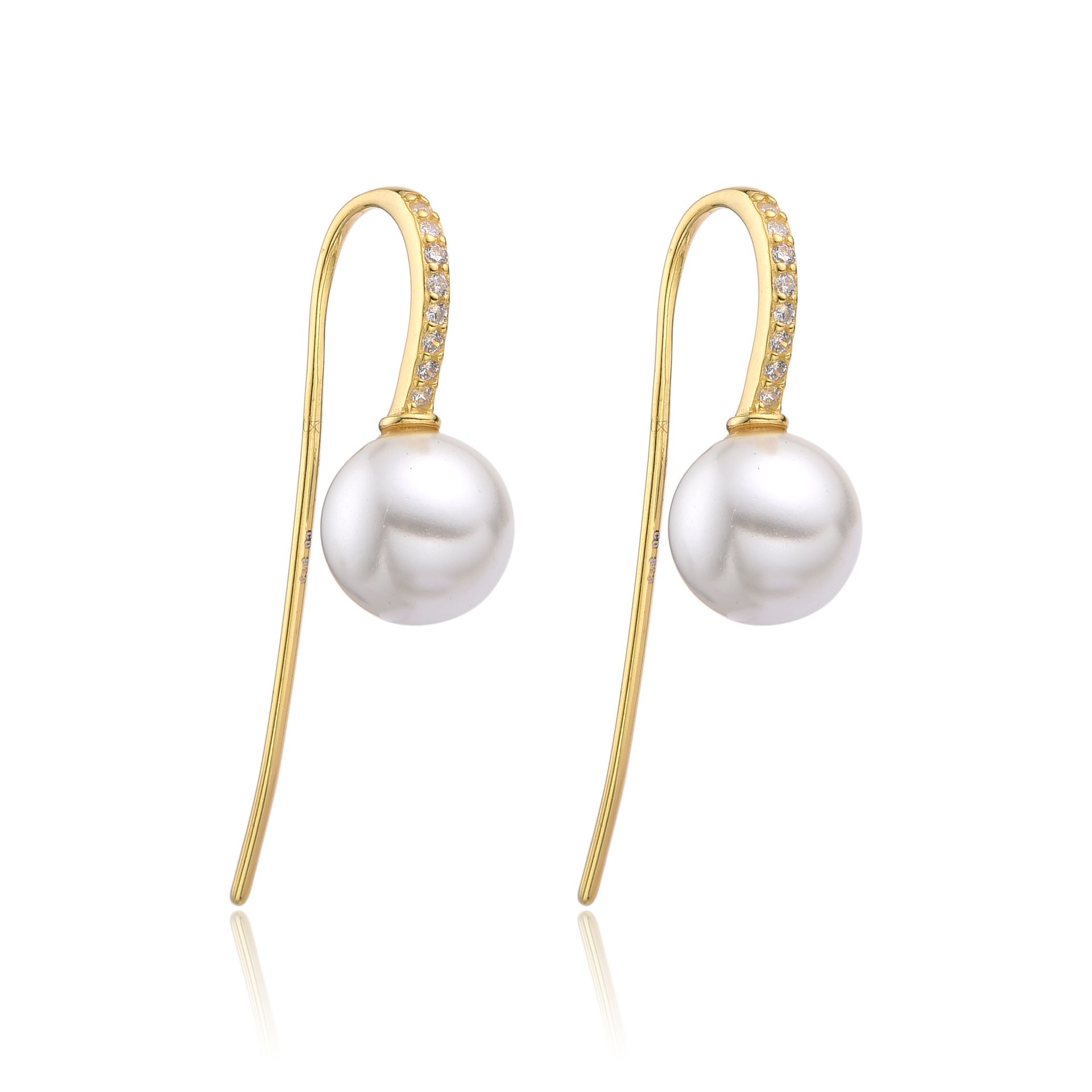 Pendientes de Plata chapada en Oro con Perla cultivada y Circonitas gancho hippie