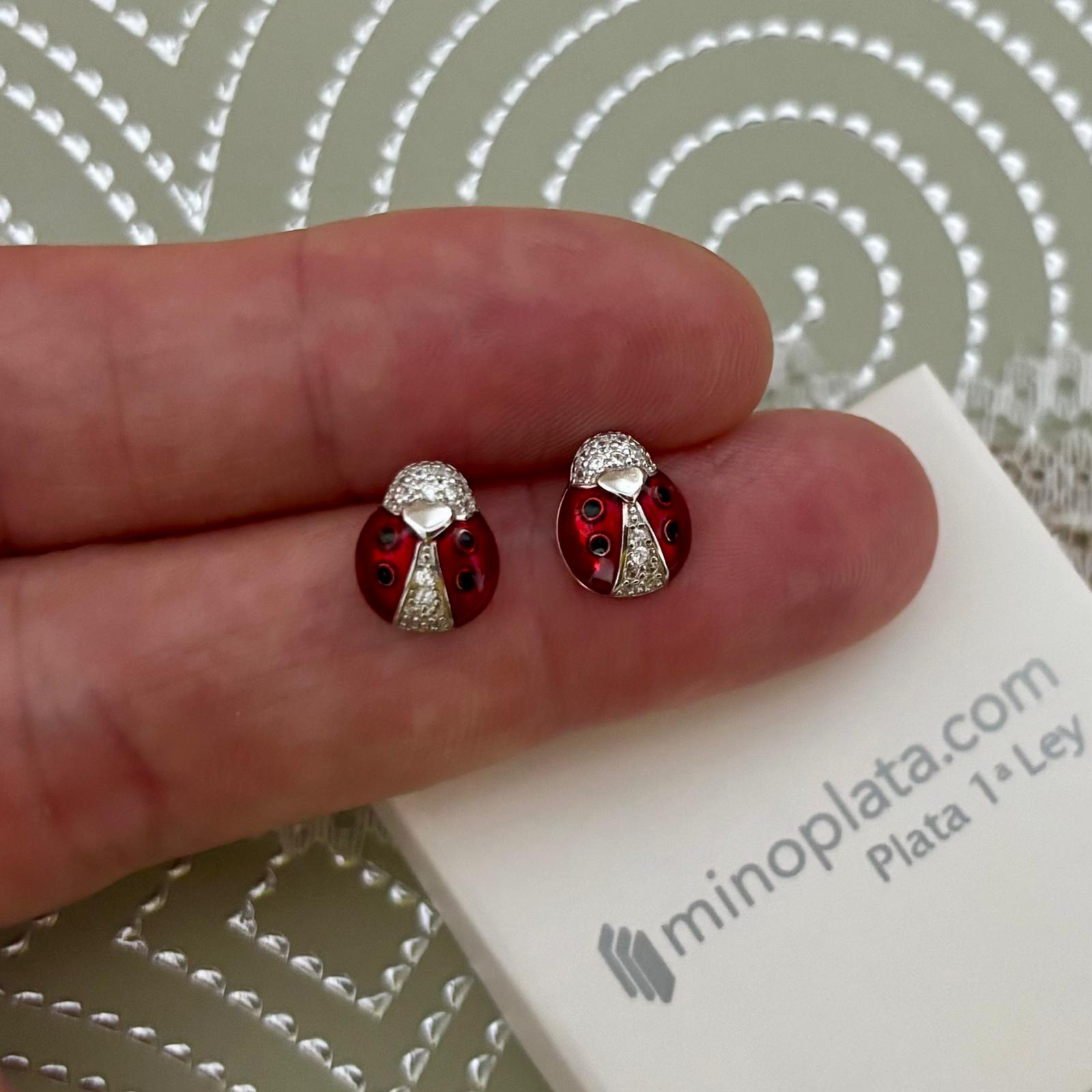 Pendientes mariquitas rojas de Plata de ley con Circonitas 6