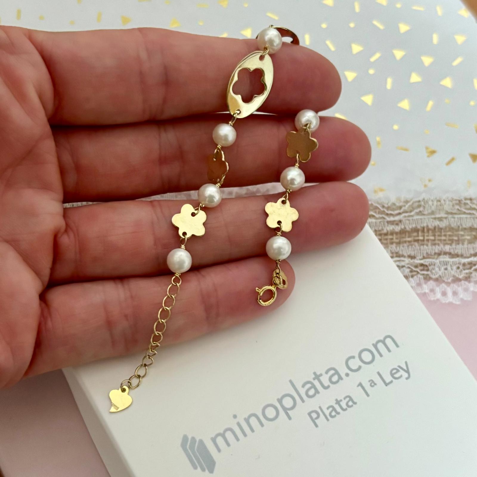 Pulsera flor de Plata de ley Chapada con Perlas cultivadas 2