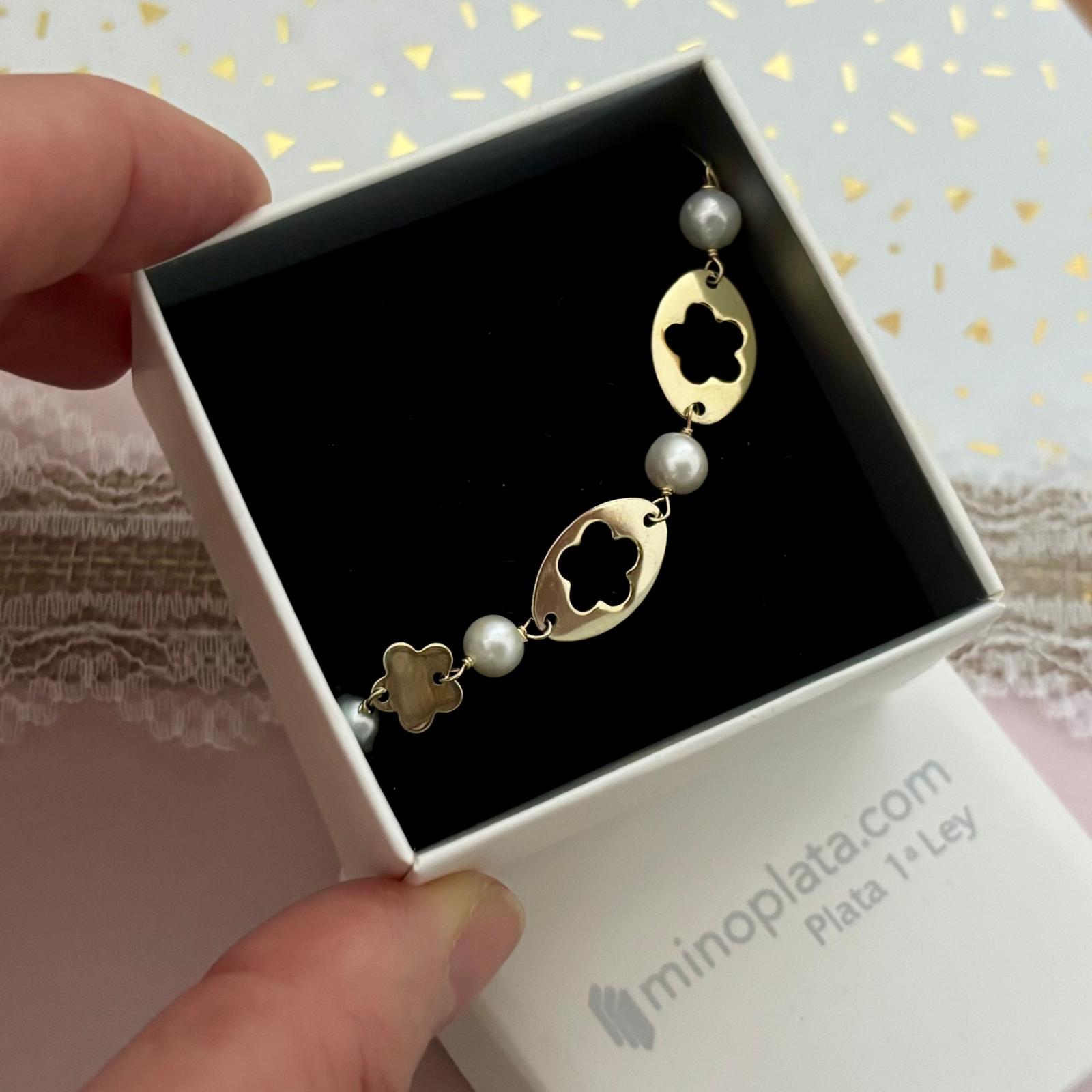 Pulsera flor de Plata de ley Chapada con Perlas cultivadas 4
