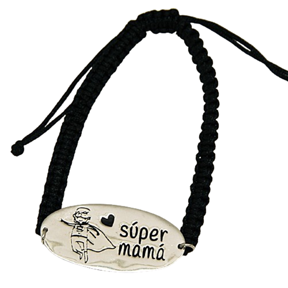 Pulsera súper mamá de Plata de ley con hilo trenzado negro y ajustable