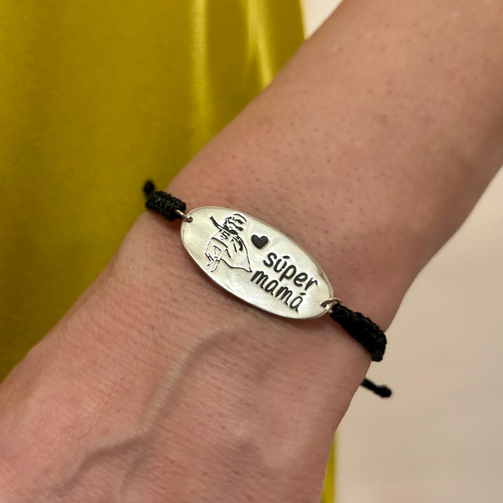 Pulsera súper mamá de Plata de ley con hilo trenzado negro y ajustable 2