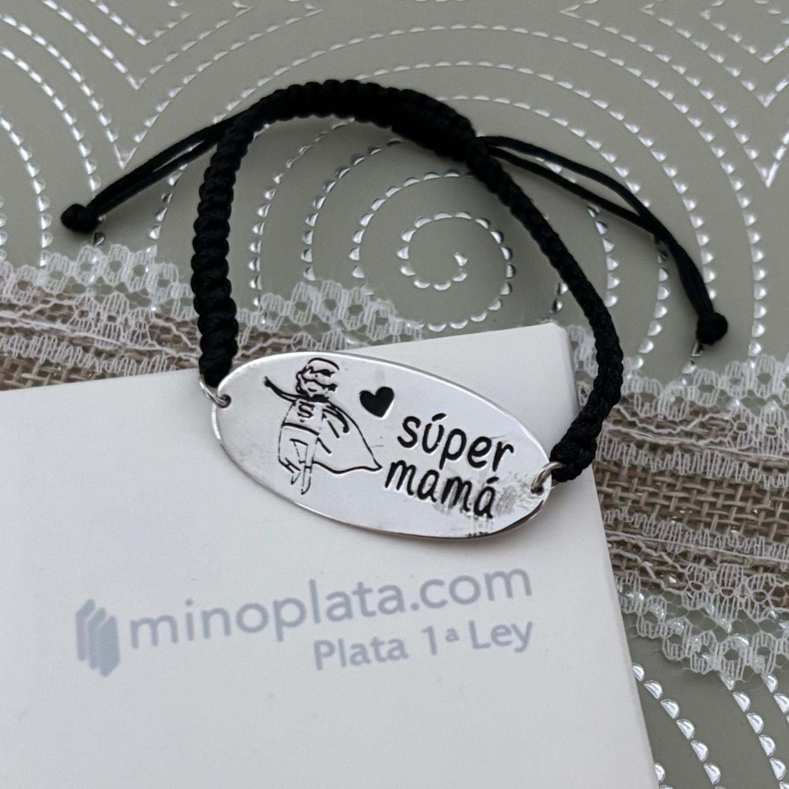 Pulsera súper mamá de Plata de ley con hilo trenzado negro y ajustable 4