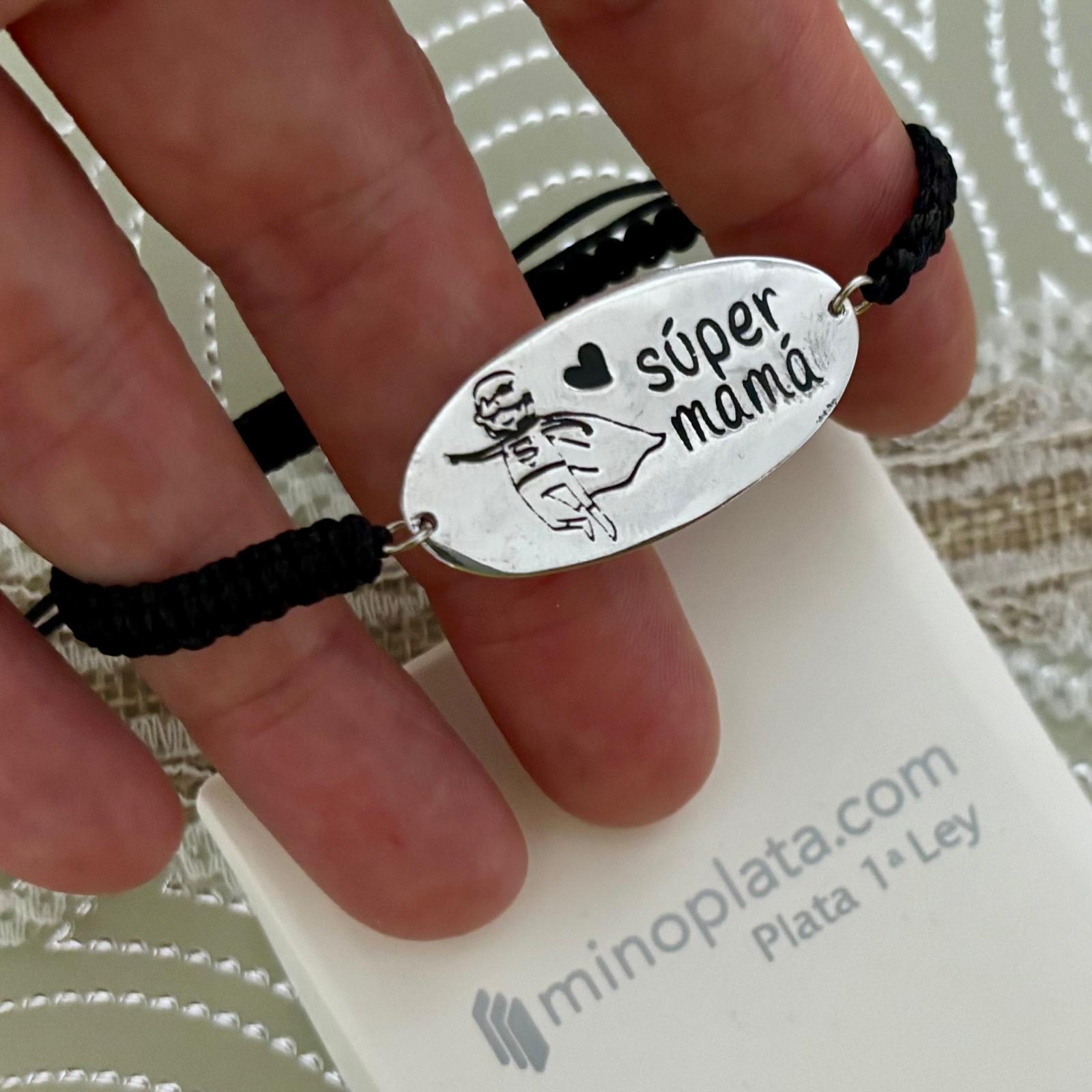 Pulsera súper mamá de Plata de ley con hilo trenzado negro y ajustable 3