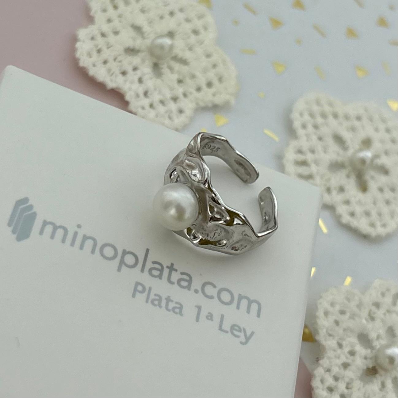 Anillo ajustable de Plata de ley martilleada con Perla cultivada 5