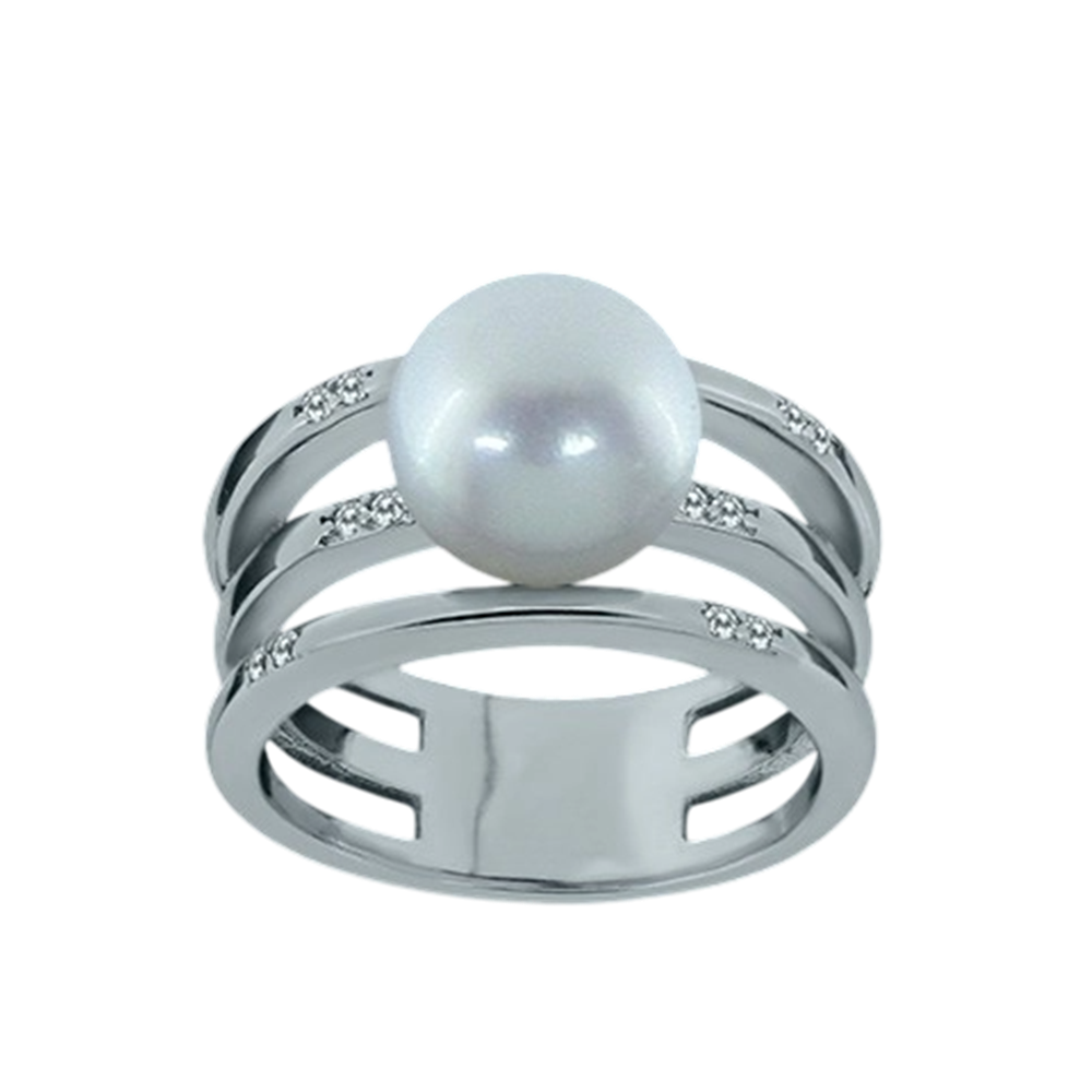 Anillo bandas de Plata de ley rodiada con Perla cultivada y Circonitas